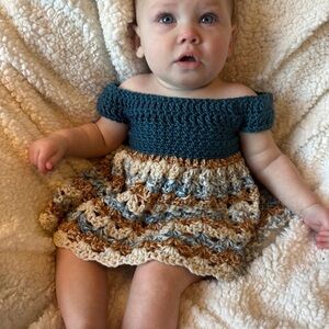 Aqua Crochet Baby Dress - Blue and Brown